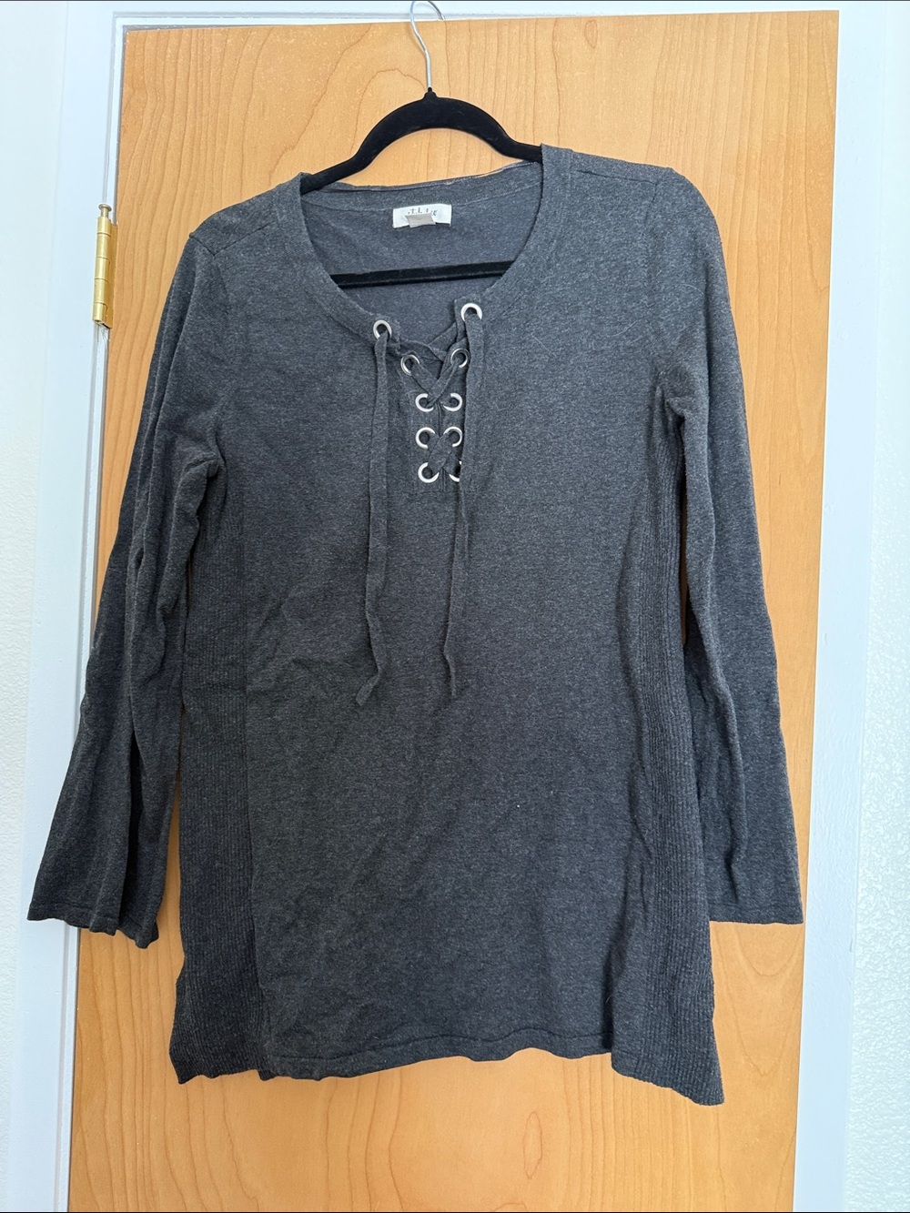 Style & Co. Charcoal Lace-Up Ribbed Long Sleeve Sweater